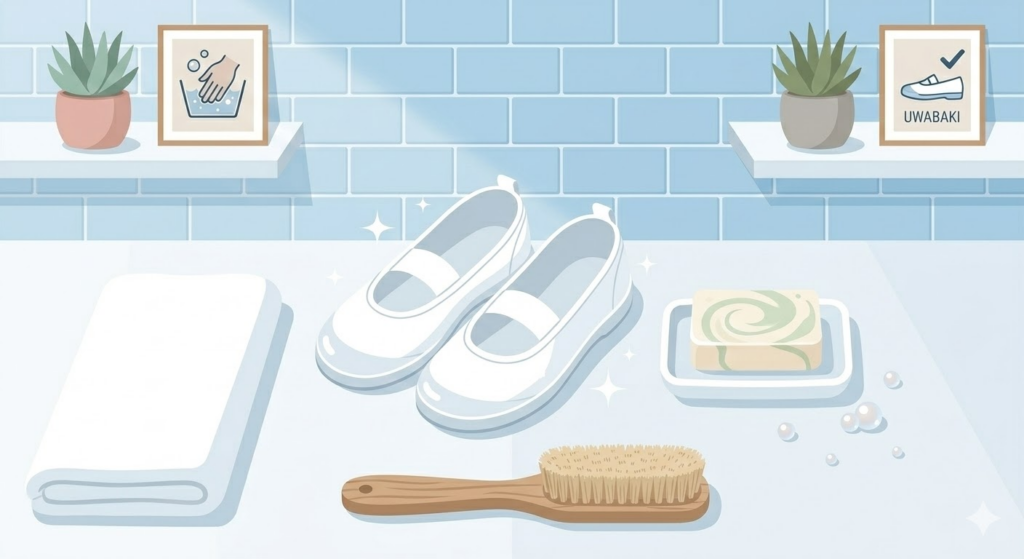 固形石鹸で真っ白になった上履き