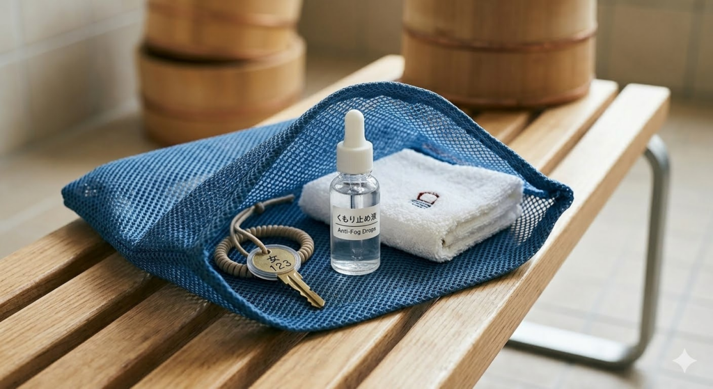 銭湯バッグに常備された曇り止めリキッド