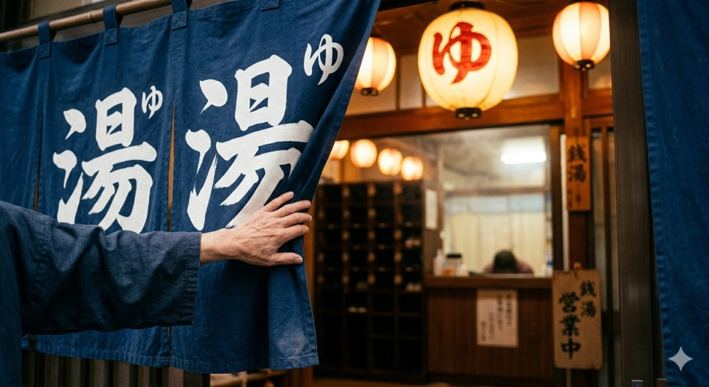 銭湯の暖簾をくぐる1人客のイメージ