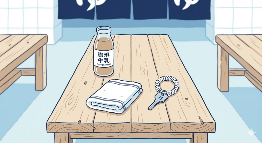 銭湯上がりに飲み物を持って休憩する様子