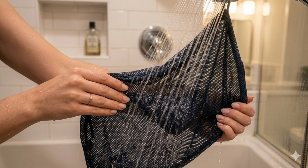 銭湯バッグをシャワーですすぐ様子