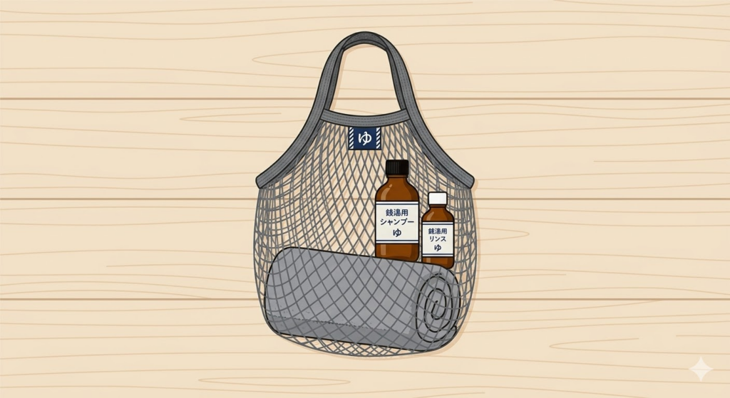 銭湯におすすめの自立するメッシュバッグと小物のセット