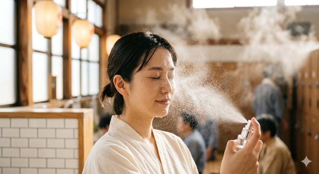 銭湯上がりでのミスト化粧水の噴射イメージ