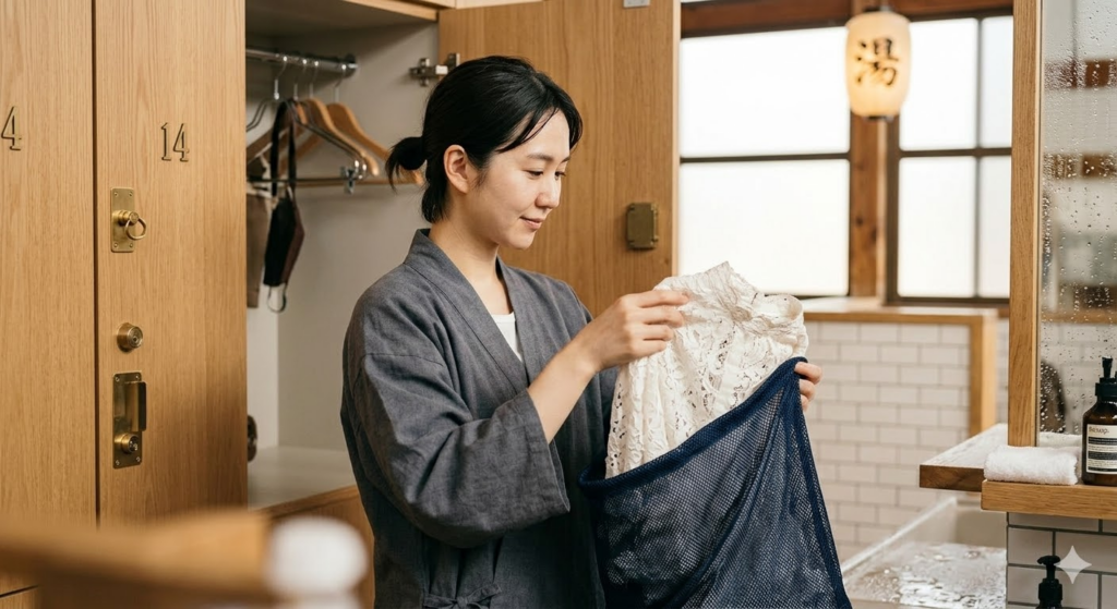 銭湯の脱衣所でお気に入りの服をスマートに扱う女性