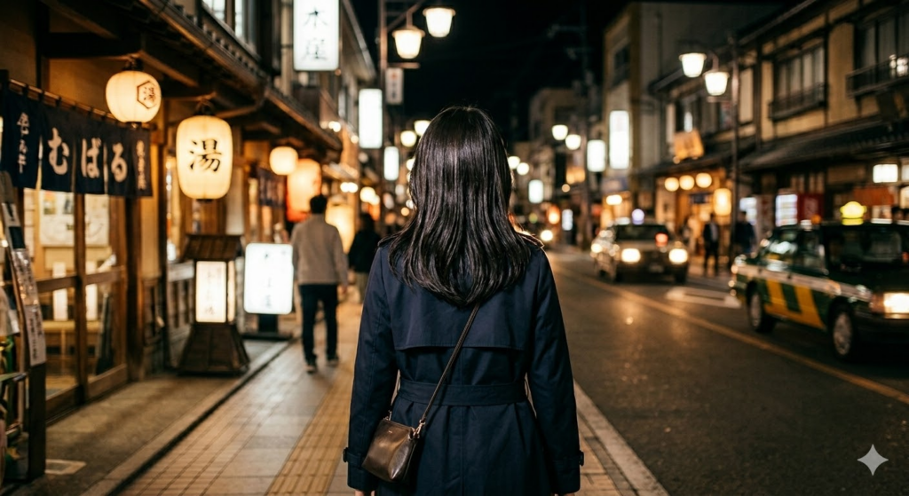 銭湯帰りに美しい艶髪をなびかせて歩く女性のイメージ