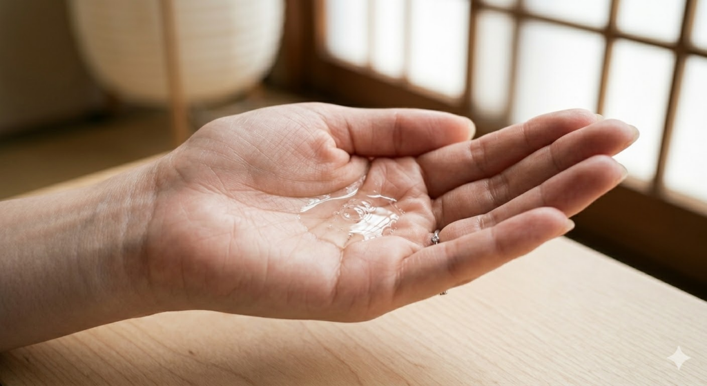 手のひらに広げた透明な洗い流さないトリートメントオイル