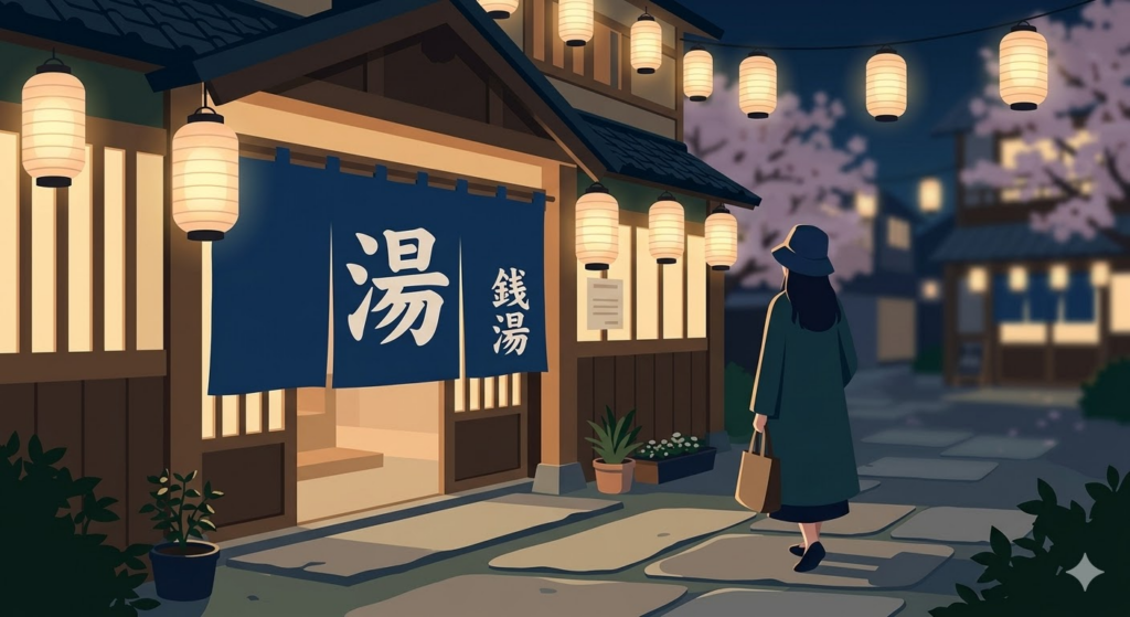 銭湯帰りに帽子を深く被ってリラックスする女性のイメージ