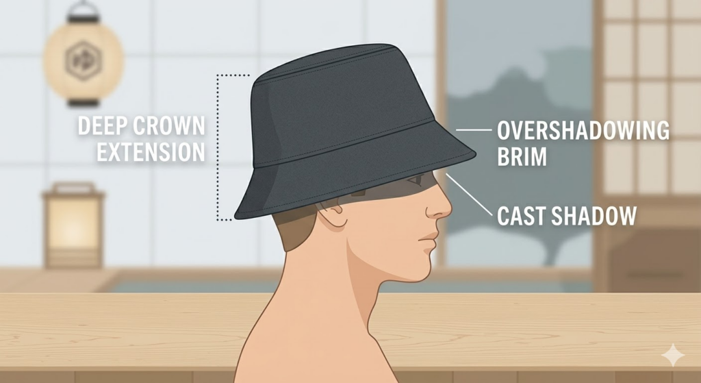 すっぴん隠しに最適な帽子の深さとつばの長さを説明するイラスト