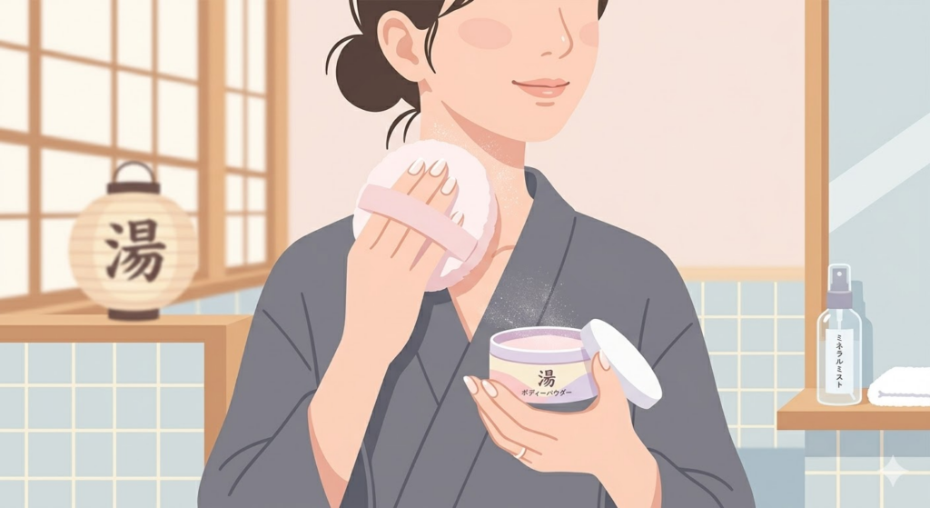 お風呂上がりにボディパウダーを使ってリラックスする女性