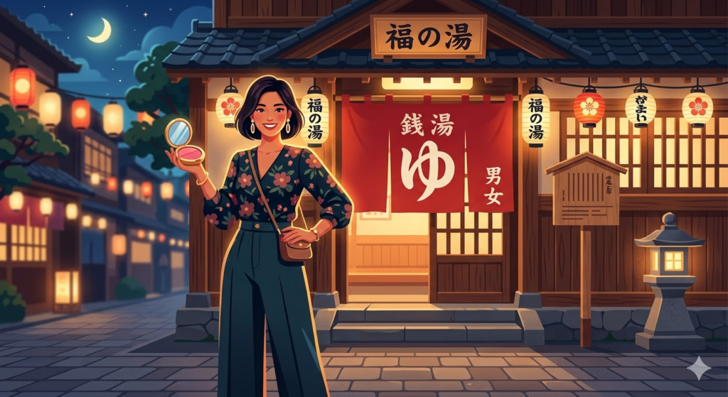 銭湯帰りにミネラルファンデで美肌を保つ女性