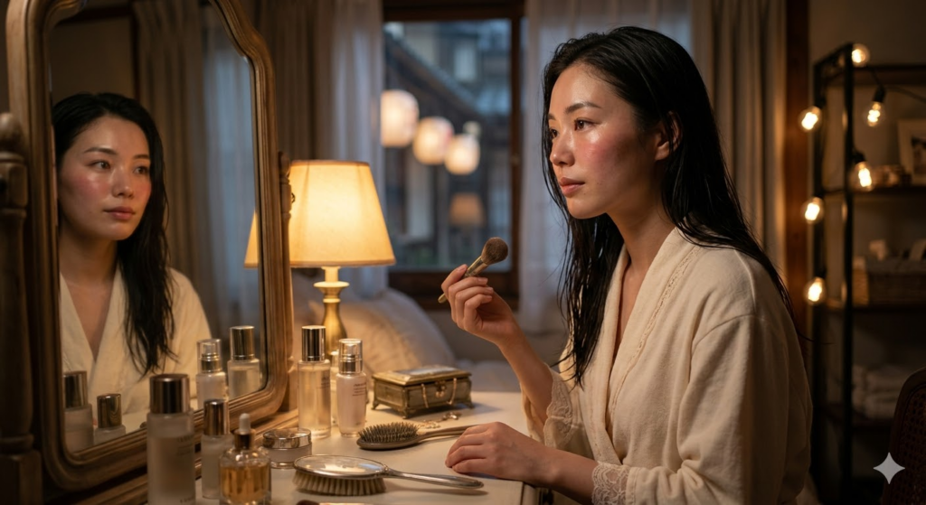 お風呂上がりの自然なツヤ肌で鏡を見る女性