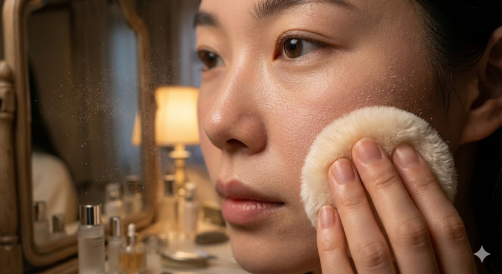 柔らかいパフでパウダーをのせる瞬間のマクロ写真