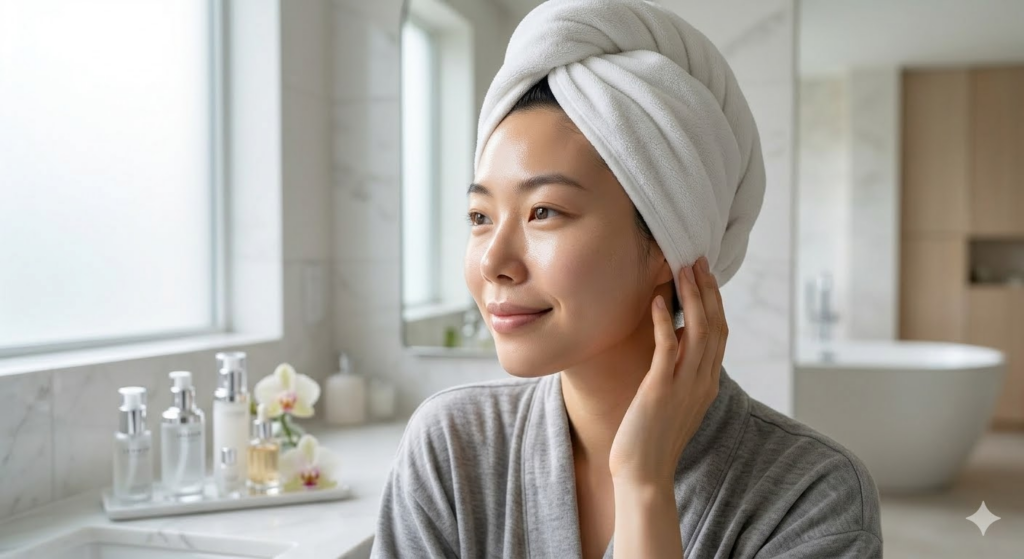 吸水ターバンを巻いてお風呂上がりの時間を楽しむ女性