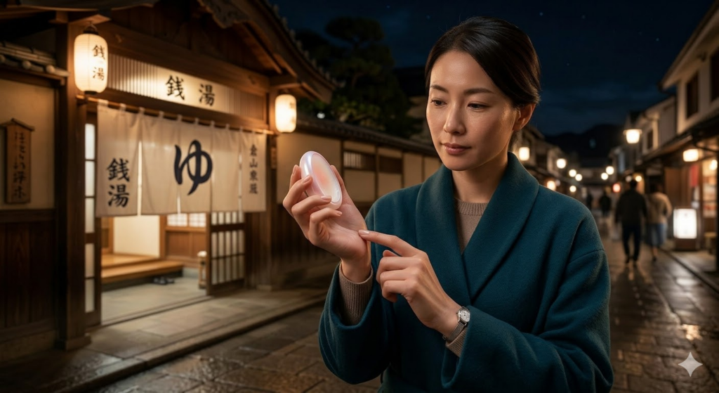 銭湯帰りに練り香水を楽しむ女性