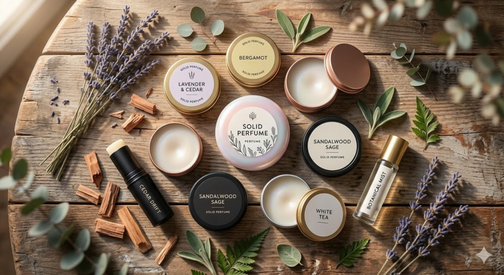様々な種類の練り香水と天然素材