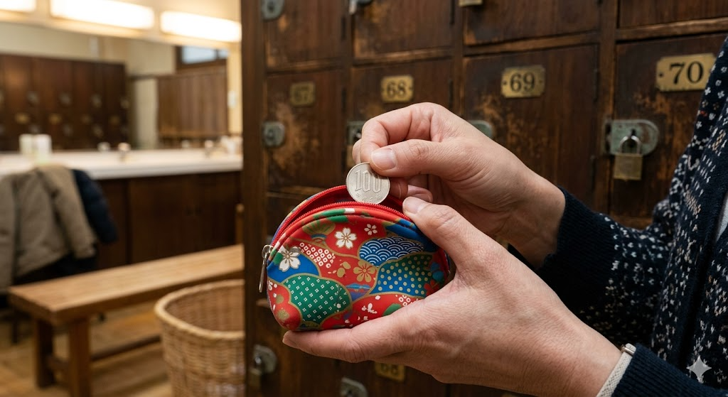 銭湯のロッカー前でスマートに小銭を取り出す様子