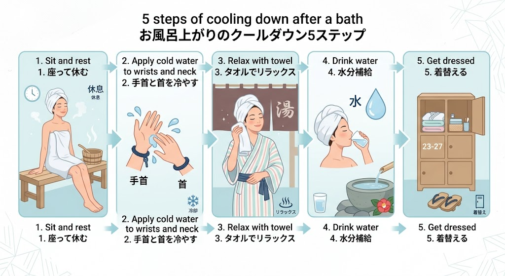 お風呂上がりのクールダウン手順を示したインフォグラフィック