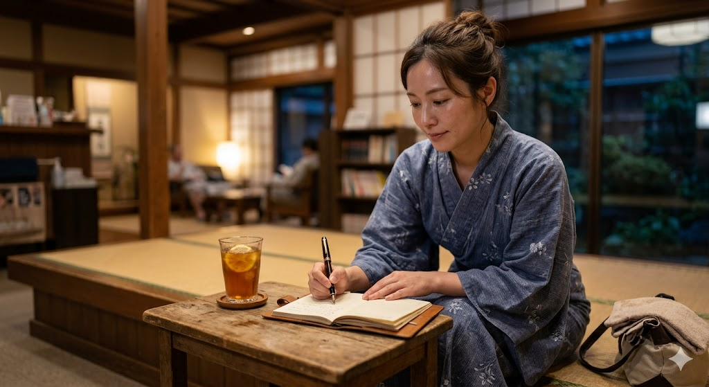 休憩所でジャーナリングを楽しむ様子