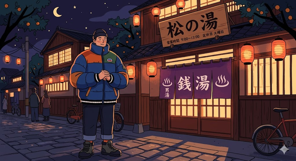 ワークマンのアウターを着て銭湯から出る男性