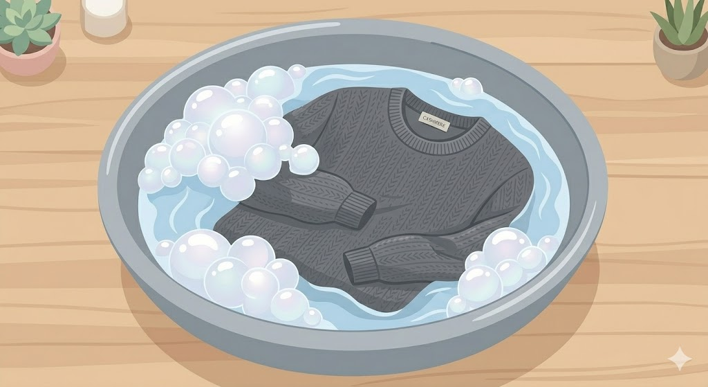 カシミヤセーターの正しい手洗いの様子