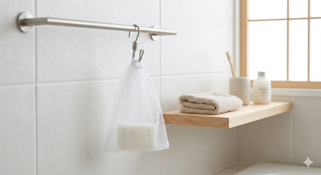 無印良品のステンレスクリップで石鹸を吊るす収納術