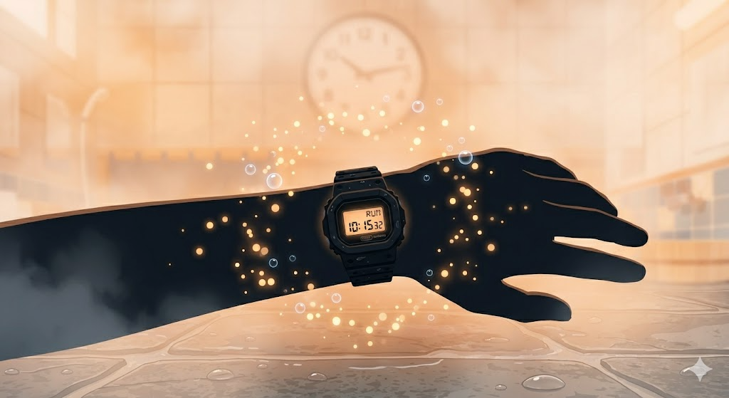 サウナでストップウォッチを使って時間を管理する様子