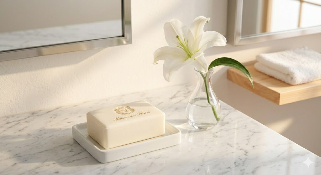 洗練されたバスルームに置かれた高級石鹸のギフト