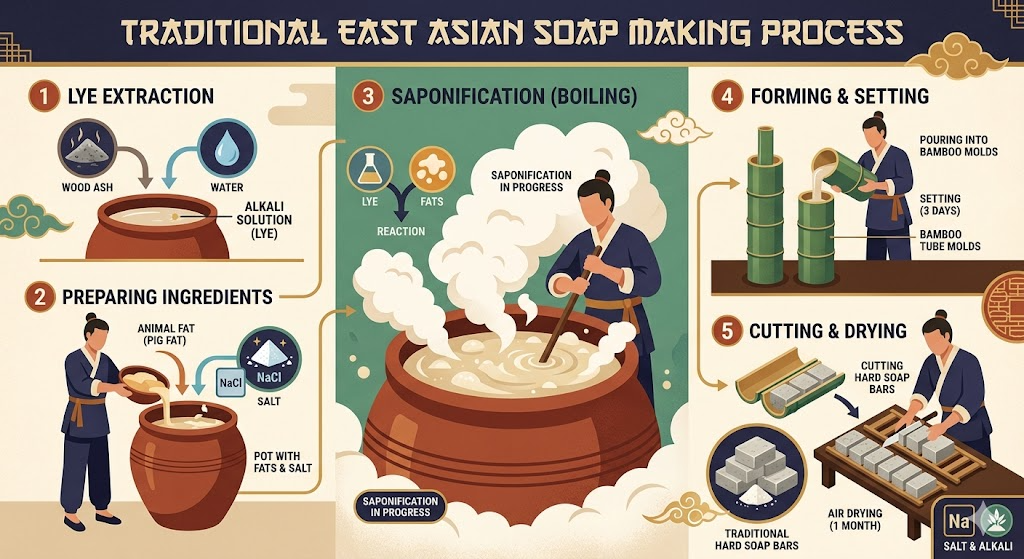 漢字「石鹸」の由来となった伝統的な製法と石のような形状のイメージ