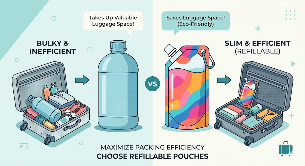 旅行用ボトルと100均小分けパウチのサイズ比較