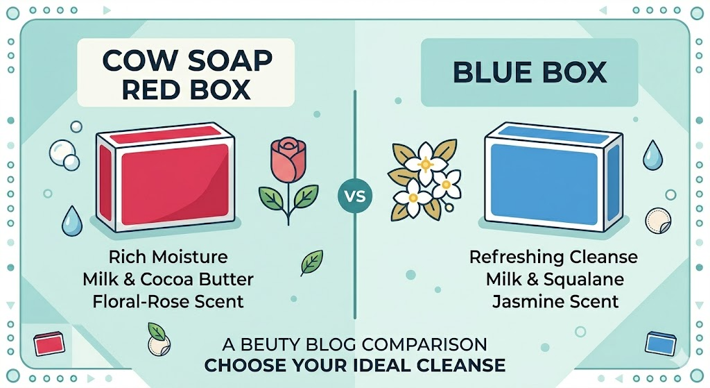牛乳石鹸の赤箱と青箱のパッケージ比較イラスト。