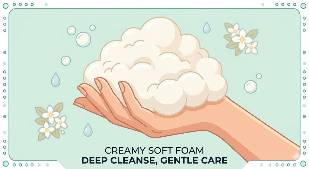 石鹸をしっかり泡立てた濃密な泡のイメージ。